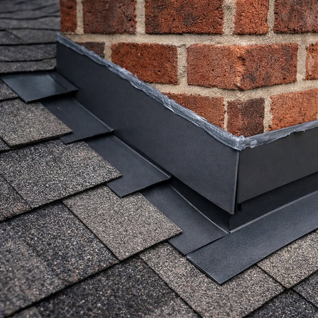 Metal chimney flashing installation roofing contractors kansas city by Stag Homes Metal chimney flashing installed on asphalt shingle roof by roofing contractors kansas city by Stag Homes