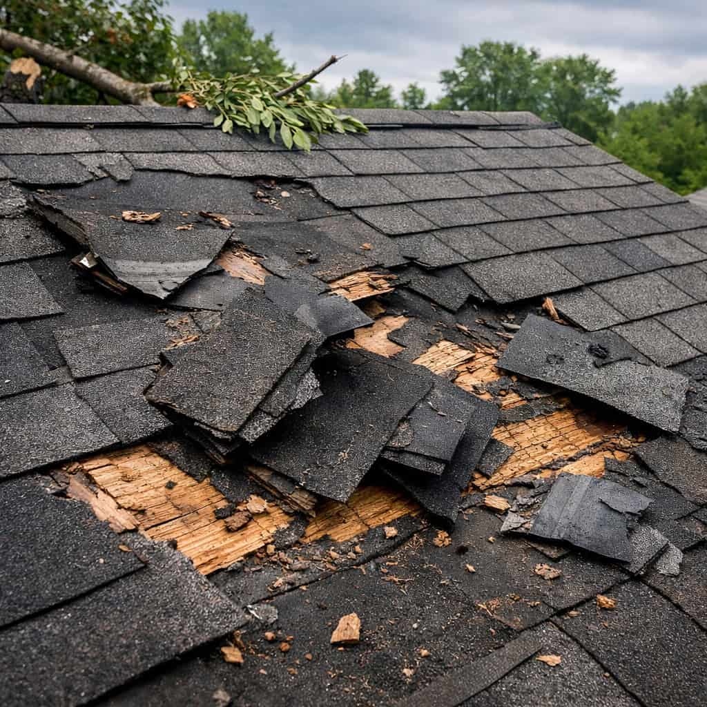 Damaged asphalt shingle roof after storm damage roofing contractors kansas city by Stag Homes Damaged asphalt shingle roof with missing sections after storm damage roofing contractors kansas city by Stag Homes
